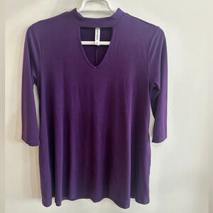 Purple 3/4 sleeve tunic dress top, cutout neck, flowy, great condition, Medium